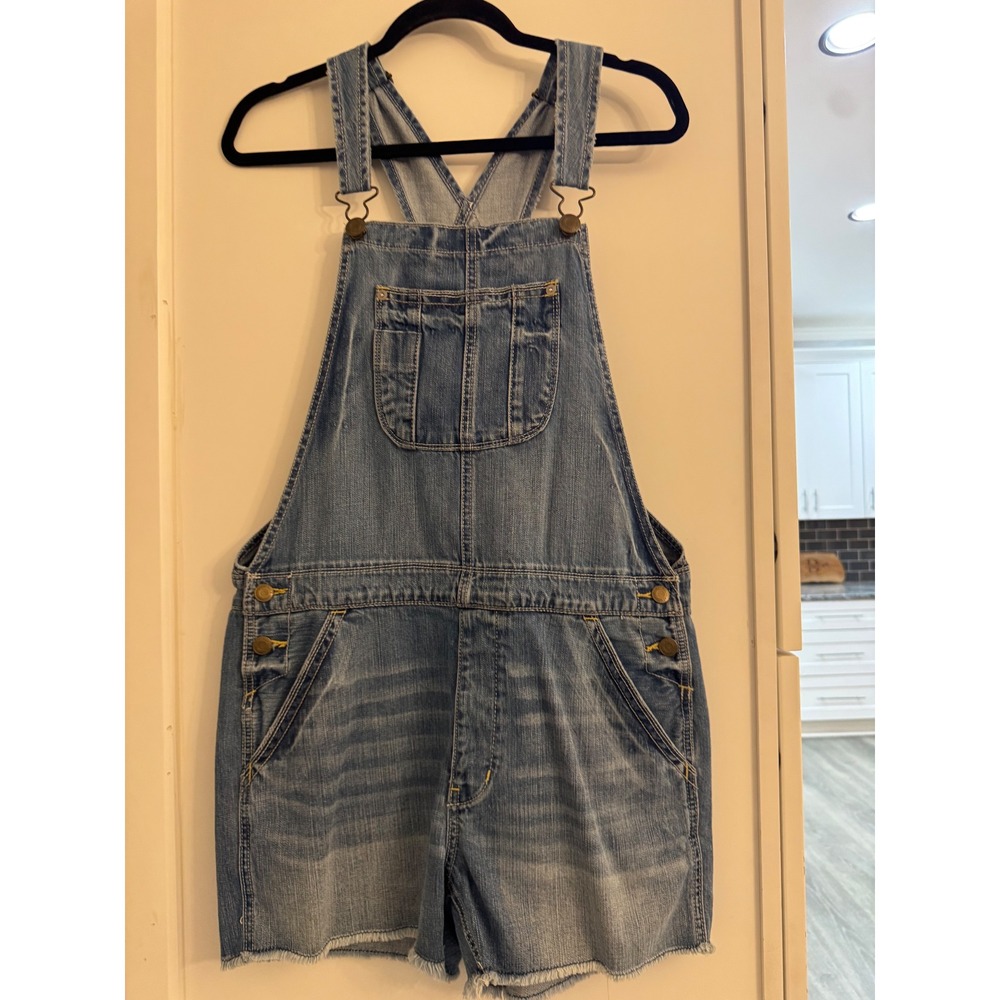 American Eagle Denim Shortalls Medium Wash Blue Frayed Hem Overalls Women Medium